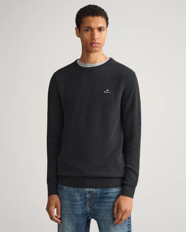 Gant Bawełniany Sweter Męski Okrągły Kołnierzyk Regular Fit Szary