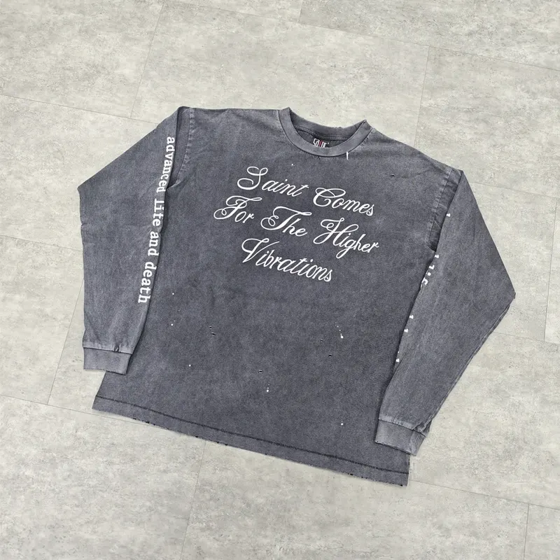 Yao Fashion SAINT OF MICHAEL Washed Old Retro Loose Baggy High Street Casual Simple Style Tops Long Sleeve T Shirt For Men