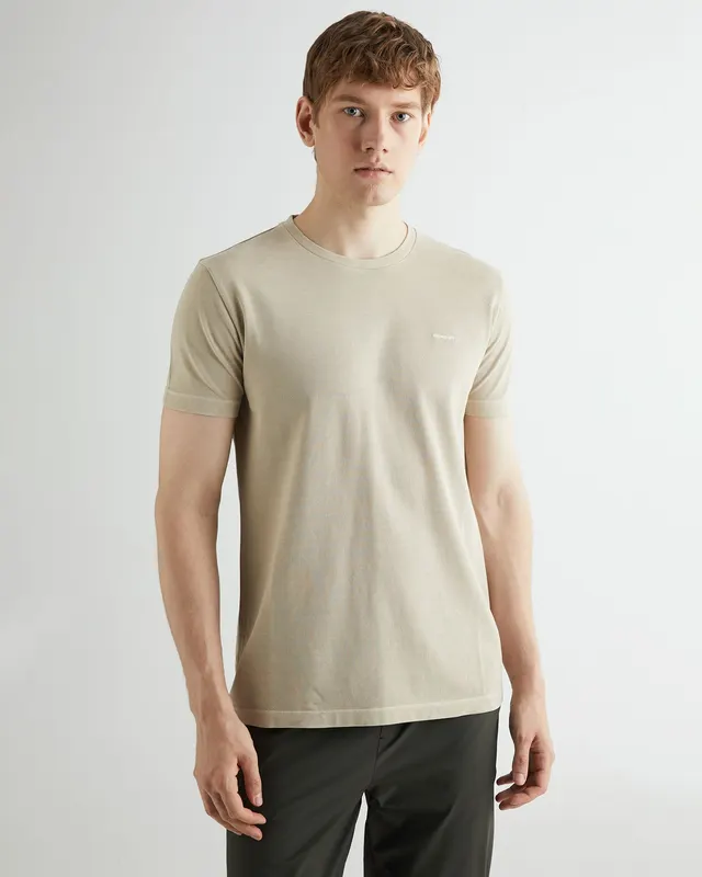 Gant Bawełniany T-Shirt Męski Okrągły Kołnierzyk Slim Fit Beżowy