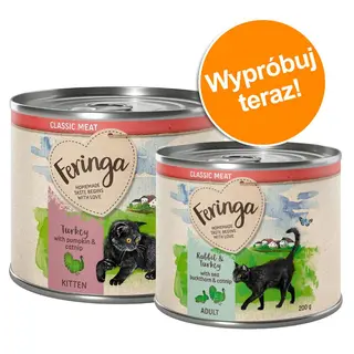 Pakiet przejściowy! Mokra karma Feringa dla kociąt i dorosłych kotów - 6 x 200 g Kitten, łosoś i kurczak z brokułami i natką pietruszki + 6 x 200 g Menu 2 smaki, królik i indyk z rokitnikiem i kocimiętką