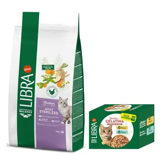 Libra Cat: karma sucha dla kota, 12 kg + karma mokra, 12 x 85 g gratis! - Sterilized, 12 kg + Wybór drobiowy w galarecie, kurczak i indyk, 12 x 85 g