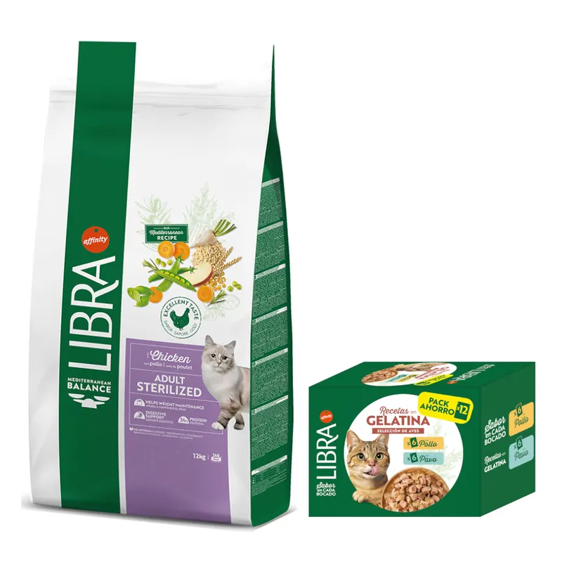 Libra Cat: karma sucha dla kota, 12 kg + karma mokra, 12 x 85 g gratis! - Sterilized, 12 kg + Wybór drobiowy w galarecie, kurczak i indyk, 12 x 85 g