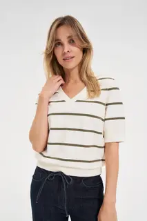 Bluza w paski z krótkimi rękawami ecru