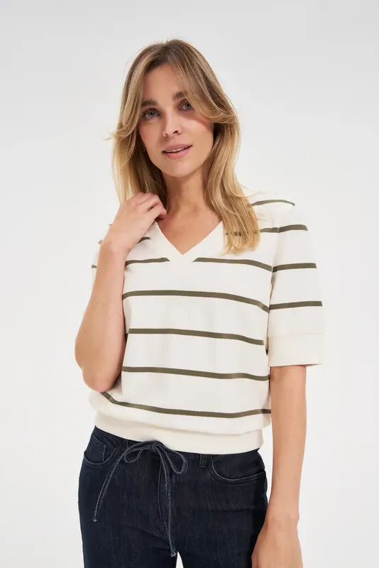 Bluza w paski z krótkimi rękawami ecru