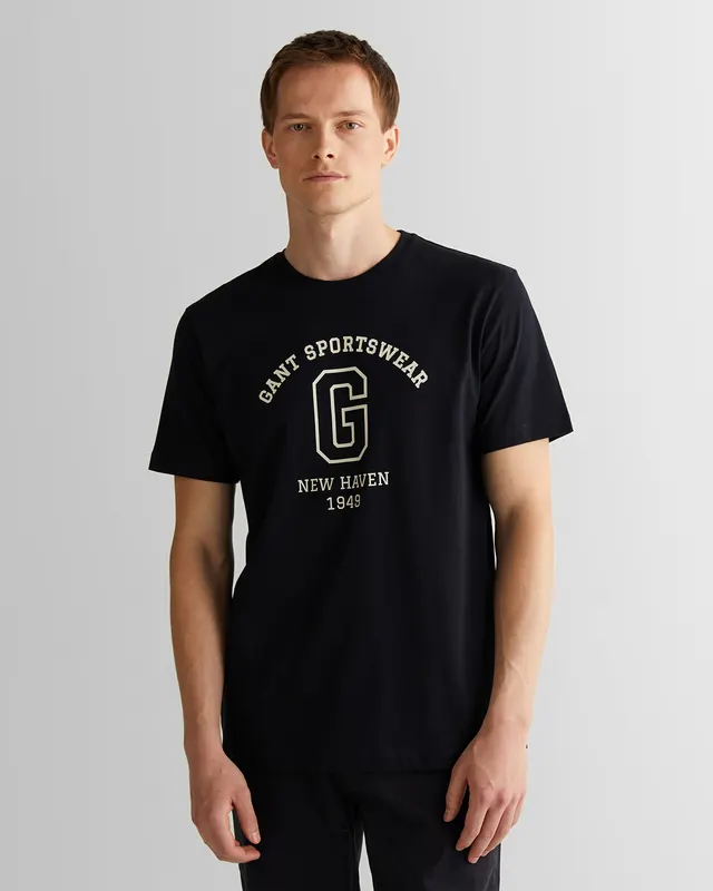Gant T-Shirt Męski Z Nadrukiem Okrągły Kołnierzyk Regular Fit Czarny