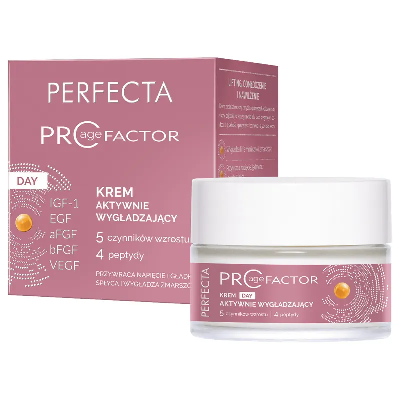 Perfecta Pro Age Factor Krem aktywnie wygładzający na dzień z 5 bioaktywnymi czynnikami wzrostu i 4P Complex 50 ml