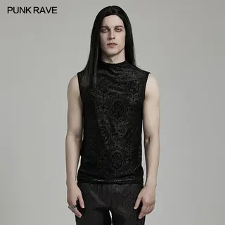 PUNK RAVE Men's Gothic Gorgeous Flocked Pattern Mesh Tank Top Minimalist Dark Sexy Handsome Tops Streetwear Summer
