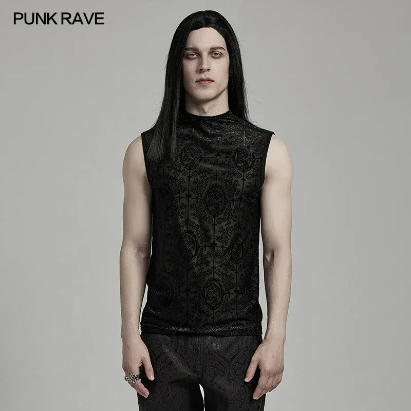 PUNK RAVE Men's Gothic Gorgeous Flocked Pattern Mesh Tank Top Minimalist Dark Sexy Handsome Tops Streetwear Summer