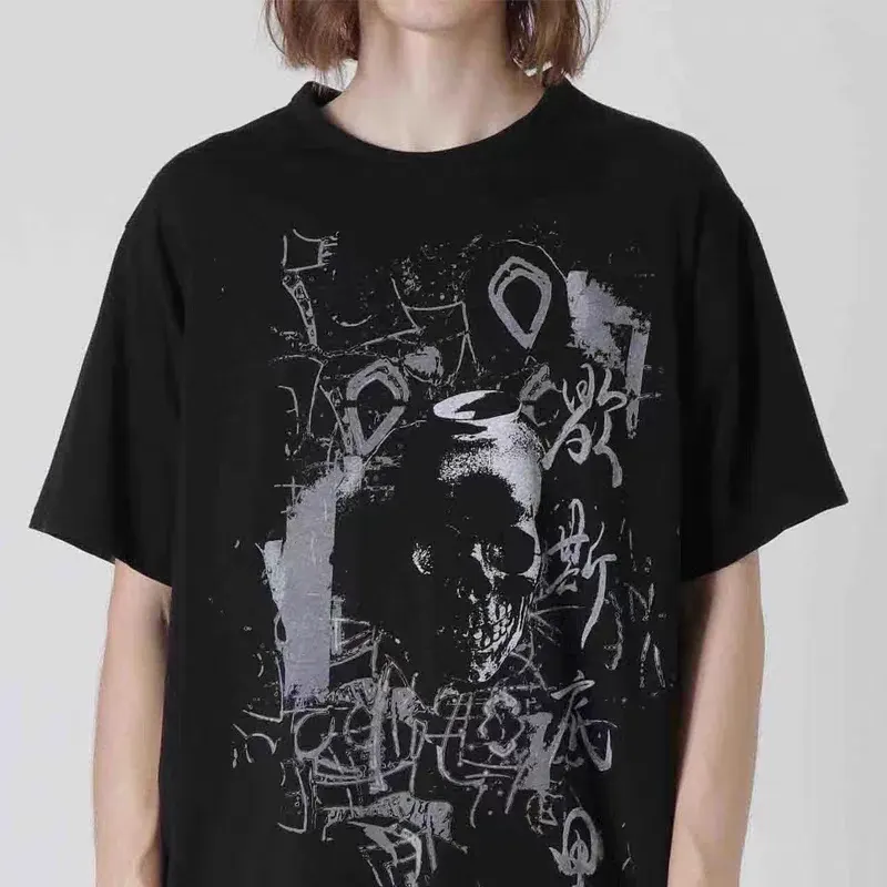 YAMAMOTO-Style T-shirt ,HighQuality Dark Theme "Paroxysmal" pattern print ,100% Cotton Loose Short-Sleeved