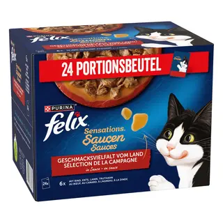 3 + 1 gratis! 4x Felix, karma mokra dla kota, różne rodzaje - 4 x (24 x 85 g) Sensations w saszetkach, mięsna różnorodność w sosie, (72 + 24 gratis!)