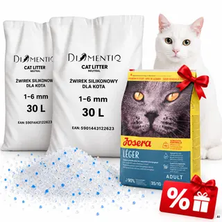 DIAMENTIQ Żwirek Neutralny, Silikonowy, Niezbrylający się dla kota - 2x30 l + GRATIS! JOSERA Leger Light 400g + Voucher rabatowy