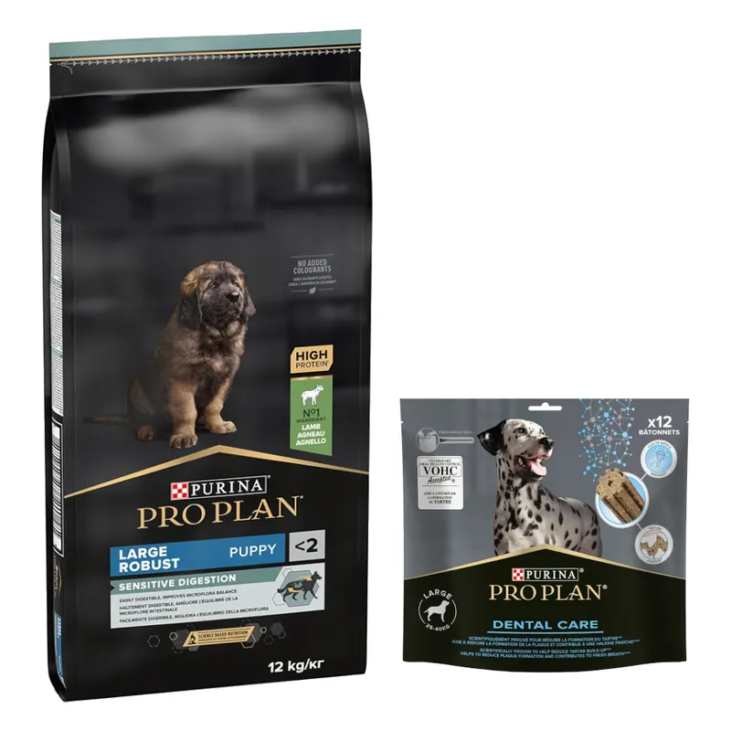 PURINA PRO PLAN: karma sucha dla psa, 12 kg / 14 kg + przysmaki dla psa gratis! - Large Robust Puppy Sensitive Digestion, jagnięcina, 12 kg + Dental Care dla dużych psów (25-40 kg), 426 g (12 sztuk)