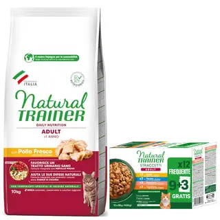 Natural Trainer: karma sucha, 10 kg + Straccetti Adult, paski w sosie, 12 x 85 g gratis! - Adult, z kurczakiem