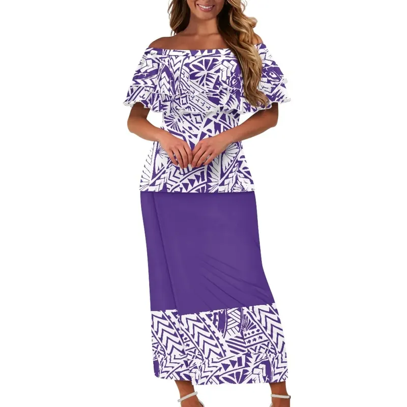 Summer Island Women Puletasi Samoa Dresses Lady Off shoulder Ruffle Style Two Piece Set Polynesian Tribal Clothing Purple Print