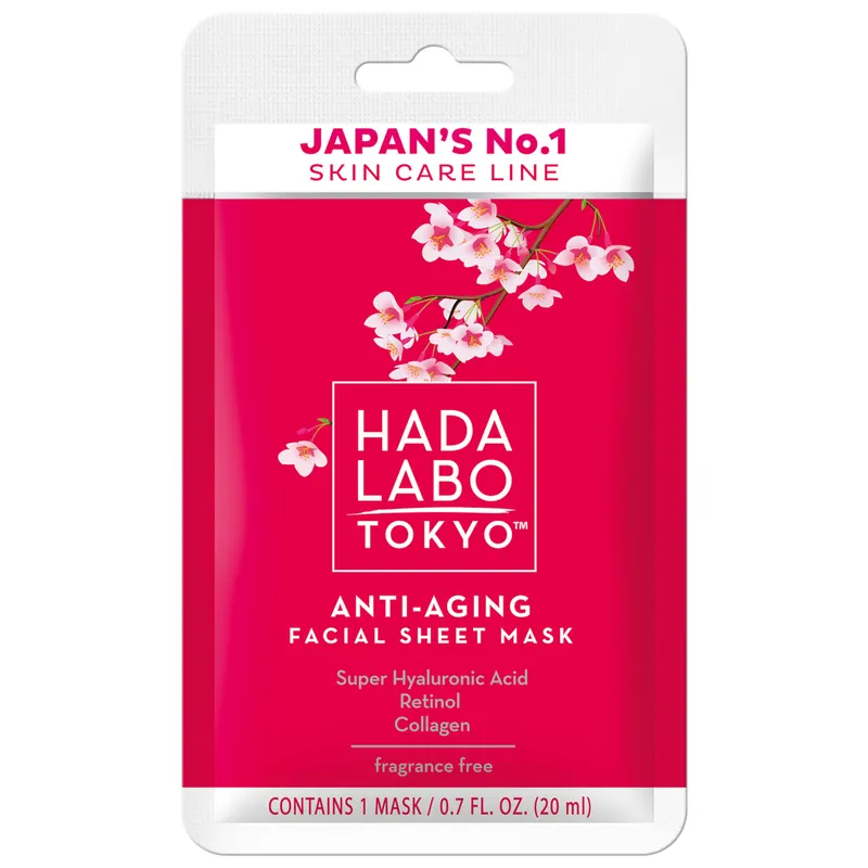 Hada Labo Tokyo Red przeciwzmarszczkowa maska nawilżająca na tkaninie z 4 formami kwasu hialuronowego, kolagenem i retinolem 20 ml