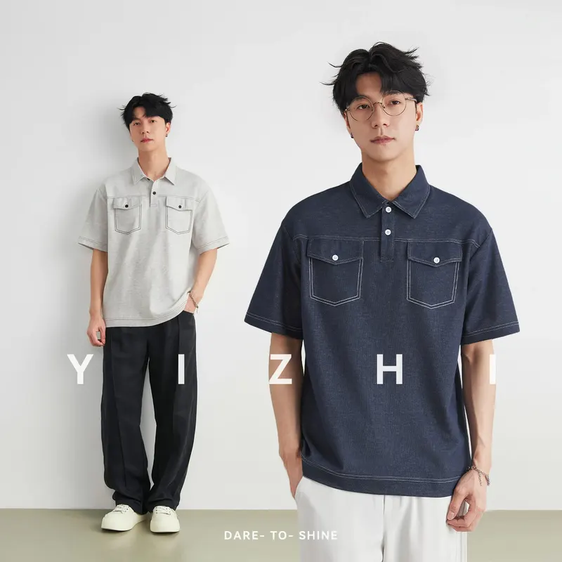 Fashion Men's Double Pocket Stitching Denim Polo Shirt 2026 Summer Loose Drop Shoulder Relaxed Fit Casual Lapel Tee