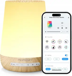 Momcozy biały szum dla niemowląt lampka nocna i trener snu drewniany