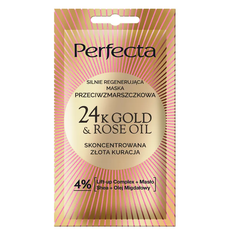 Perfecta 24K Gold&Rose Oil maska silnie regenerująca przeciwzmarszczkowa z 24K złotem, Lift-up Complex, masłem shea i olejem migdałowym 8 ml