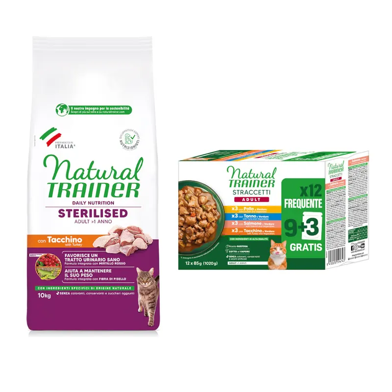 Natural Trainer: karma sucha, 10 kg + Straccetti Adult, paski w sosie, 12 x 85 g gratis! - Sterilised, białe mięso