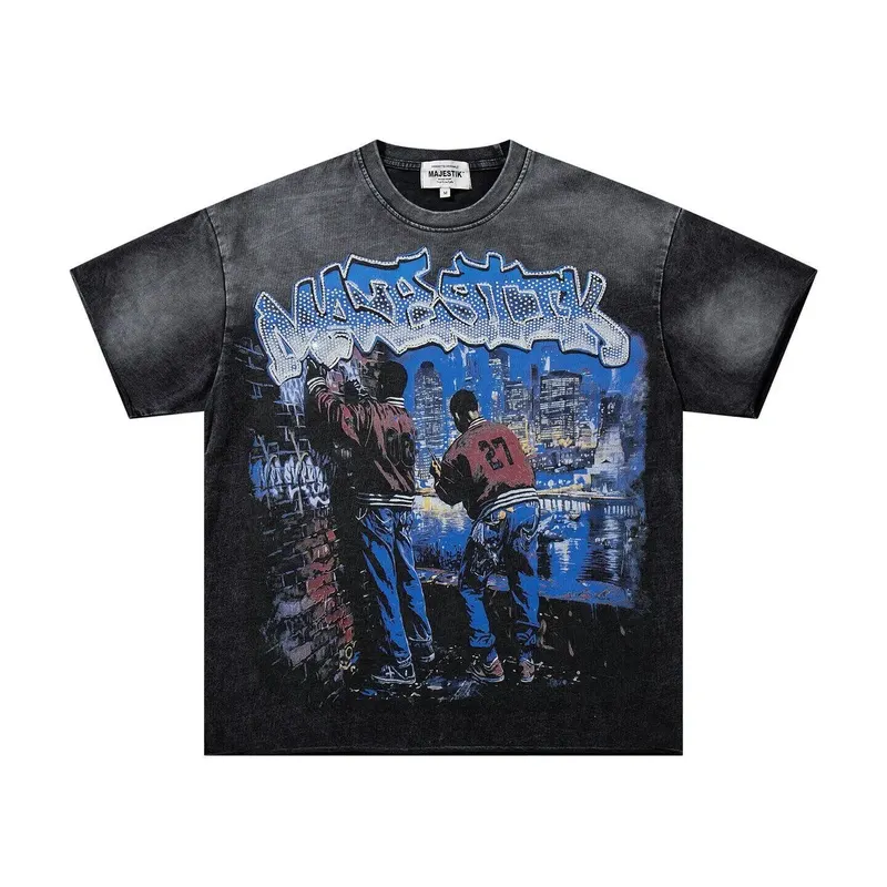 MAJESTIK Hip-Hop distressed rolled-edge short-sleeved T-shirt trendy brand with glittered letter print and loose fit top