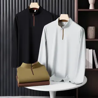 Lightweight Spring and Autumn Quick-Dry Stand Collar Half-Zip T-Shirt for Men, Slim Fit, High-End Seamless 7A Antibacterial Casual Long Sleeve Top