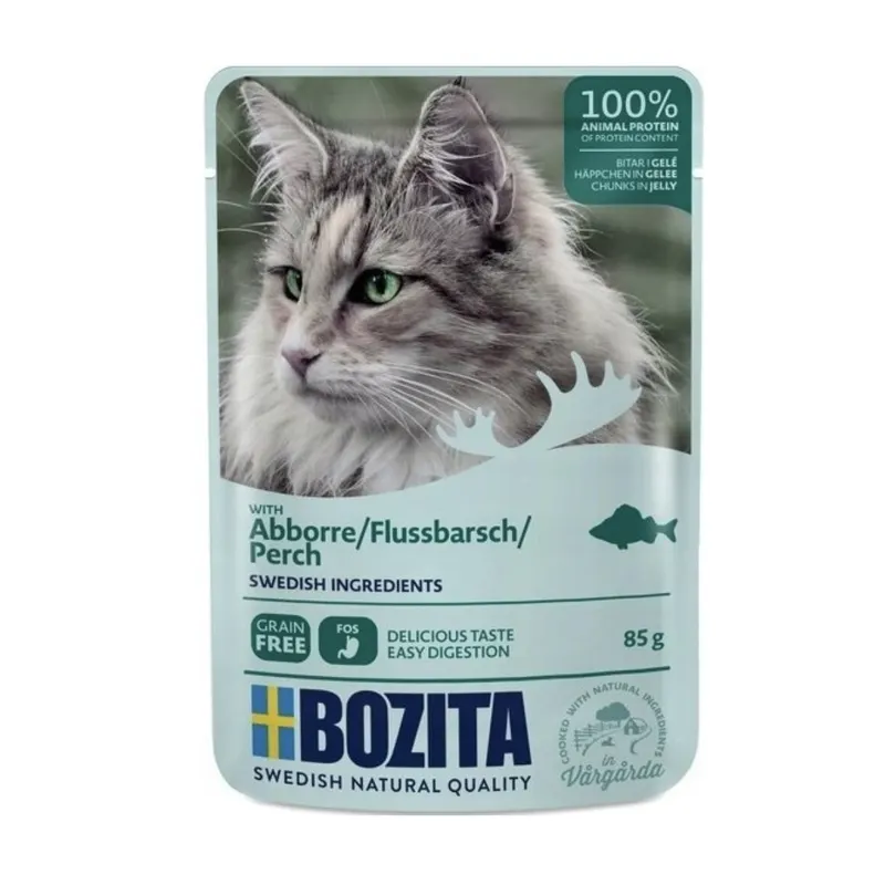 BOZITA Mięsne kawałki w galarecie z okoniem – mokra karma dla kota – 85g