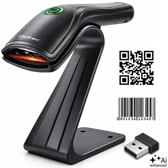 Qoltec Bezprzewodowy czytnik kodów kreskowych 1D 2D + stojak na skaner |QR | EAN | USB