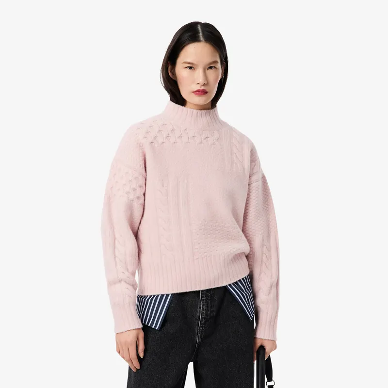 Lacoste Wełniany Sweter Z Wysokim Kołnierzem Z Efektem Patchworku