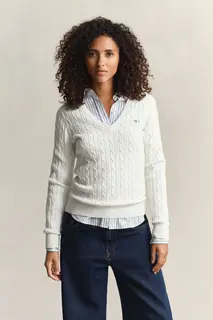 Gant Sweter Damski Z Dekoltem V Slim Fit Biały