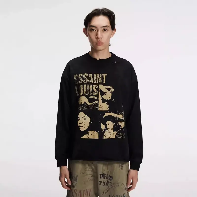 Sssaint Louis Portrait Lettering Heart Graffiti Print Washed Vintage Damaged Casual Men's and Women's Long-Sleeved T-Shirt