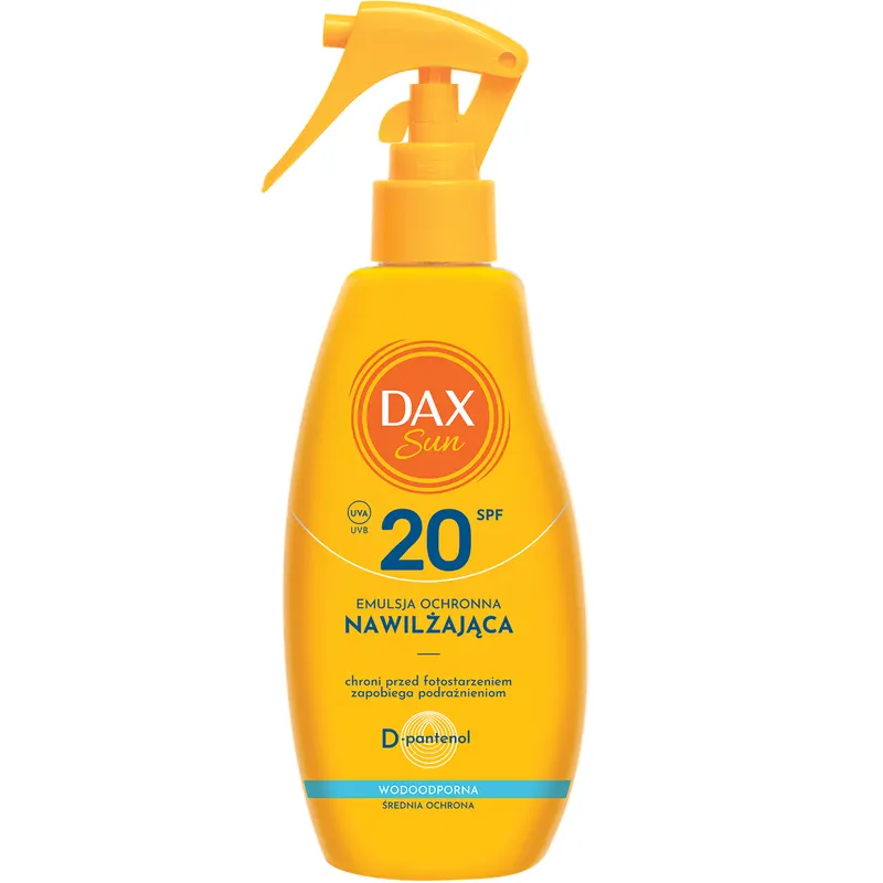 Dax Sun nawilżająca emulsja ochronna SPF 20 w sprayu do twarzy i ciała z ekstraktem z bawełny, D-pantenolem i gliceryną 200 ml