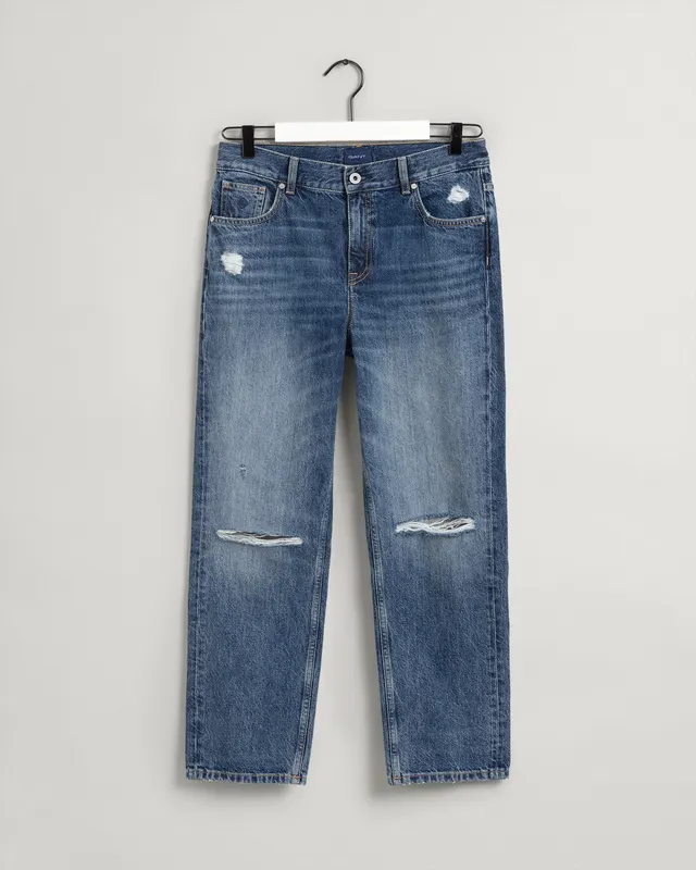 Gant Bawełniane Spodnie Jeansowe Damskie Relaxed Fit Niebieskie