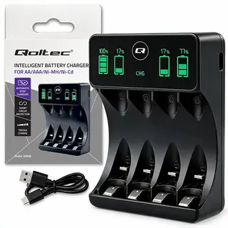 Qoltec Ładowarka do akumulatorków Ni-MH typu R03 AAA R6 AA | LCD | kabelUSB-C