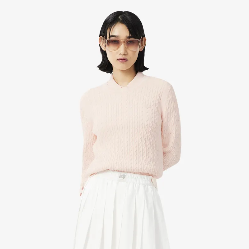 Lacoste Sweter Warkoczowy W Paski Różowy