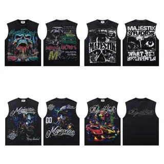 MAJESTIK Retro Graffiti Street Skull Directly Printed Denim Blouse Weathered Loose Beaded Sleeveless T-shirt