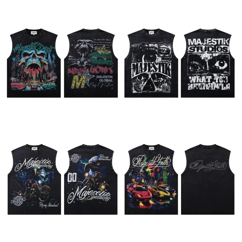 MAJESTIK Retro Graffiti Street Skull Directly Printed Denim Blouse Weathered Loose Beaded Sleeveless T-shirt