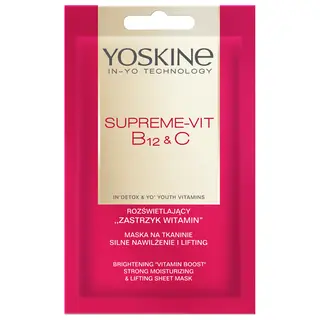 Yoskine Supreme-Vit B12 + C rozświetlająca maska na tkaninie Zastrzyk Witamin z witaminą B12, witaminą C, minerałami i biosacharydami 20 ml