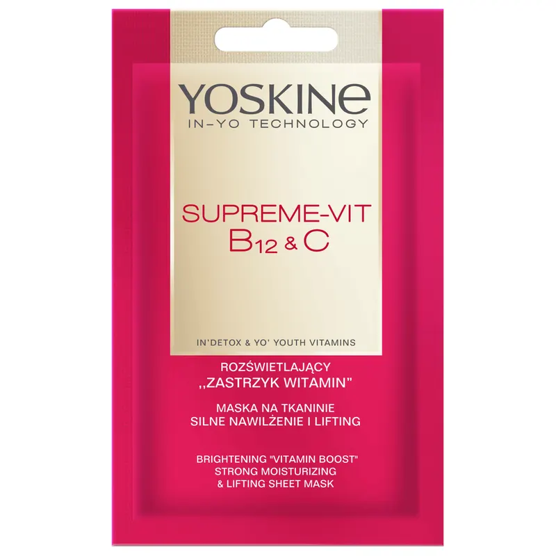 Yoskine Supreme-Vit B12 + C rozświetlająca maska na tkaninie Zastrzyk Witamin z witaminą B12, witaminą C, minerałami i biosacharydami 20 ml
