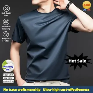 Luxurious Man Mulberry Silk T-shirts Anti Wrinkle Seamless Elastic Tee Tops Breathable Soft High End Ice Cool Feel Casual Tshirt