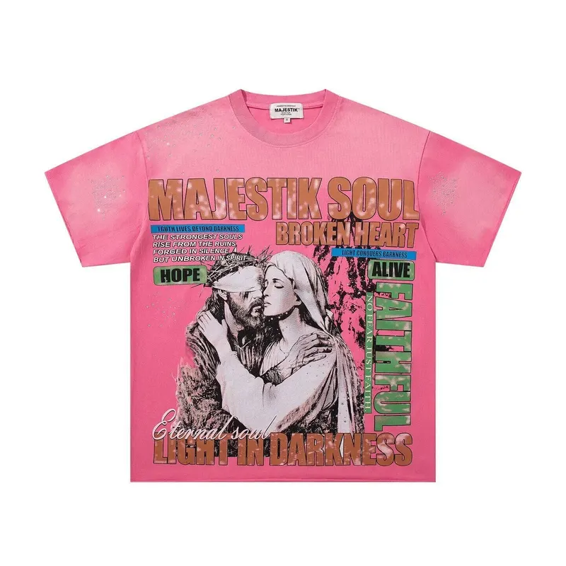 MAJESTIK street retro distressed rhinestone letter print short-sleeved T-shirt, men's and women's loose-fitting casual top