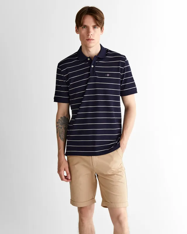 Gant Polo Męskie W Paski Z Krótkim Rękawem Regular Fit Granatowe