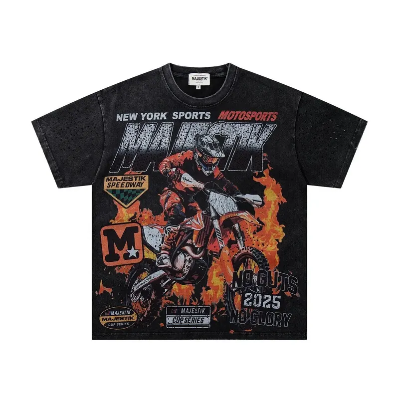 MAJESTIK Retro Motorcycle Print Short-Sleeve Men's and Women's Washed and Weathered Street Style Trendy T-Shirt - Summer