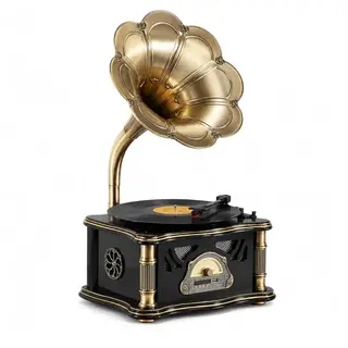 Gramofon vintage Rose Bella, głośnik tubowy, drewno dębowe, Czarny