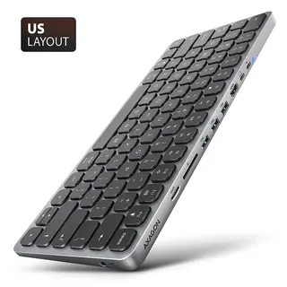 AXAGON HMC-KB-US Klawiatura USB-C z hubem 9w1, układ US, podświetlana, aluminiowa, 5Gbps, 3x USB-A, HDMI 4K/60Hz, SD/microSD, audio, PD 100W, kabel 60