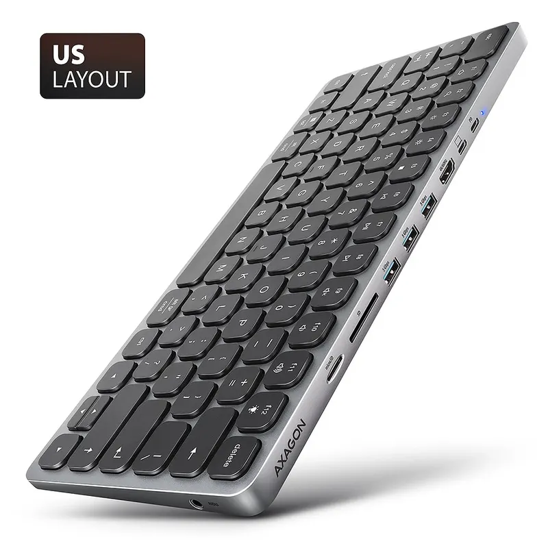 AXAGON HMC-KB-US Klawiatura USB-C z hubem 9w1, układ US, podświetlana, aluminiowa, 5Gbps, 3x USB-A, HDMI 4K/60Hz, SD/microSD, audio, PD 100W, kabel 60