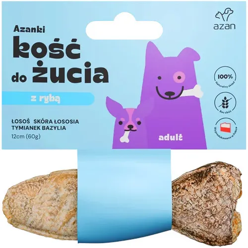 AZANKI Kość z łososiem w skórze łososia z tymiankiem i bazylią o kształcie ryby - przysmak dla psa - 12cm
