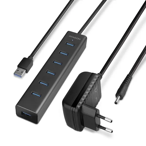 AXAGON HUE-SA7BP Hub USB-A 7-portowy, 5Gbps, aluminiowy, ładowanie BC 1.2 do 2A, z zasilaczem, kabel 40 cm