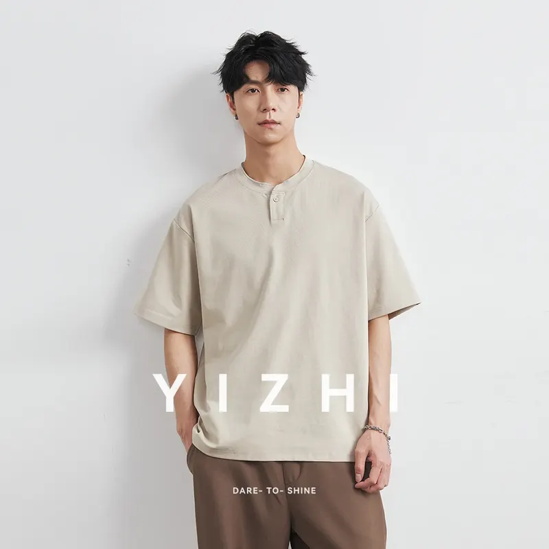 2025 Summer Men's Henry Collar Short Sleeve T-shirt New Cotton Light Loose Fashion Solid Color Button Half Sleeve Top