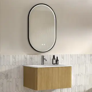 Zestaw mebli łazienkowych z lustrem, umywalka 80 cm z szafką pod umywalkę, wisząca szafka łazienkowa, częściowo zmontowana, kolor dąb, owalne lustro..