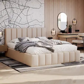 Łóżko tapicerowane z pojemnikiem SFG0116P | 180x200 | Welur | Beżowy | SZYBKA WYSYŁKA